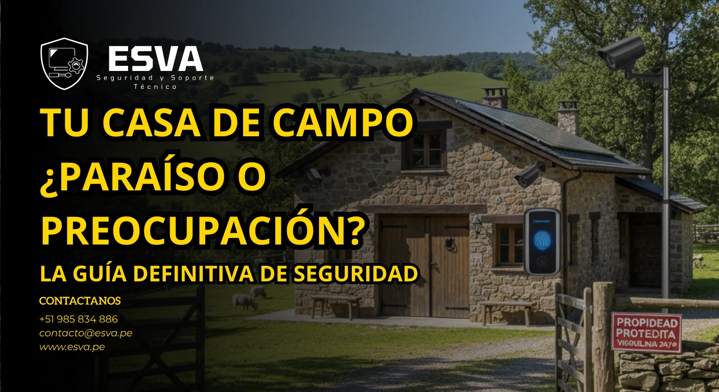 Familia feliz viendo su casa de campo segura en un monitor gracias a un sistema de seguridad.