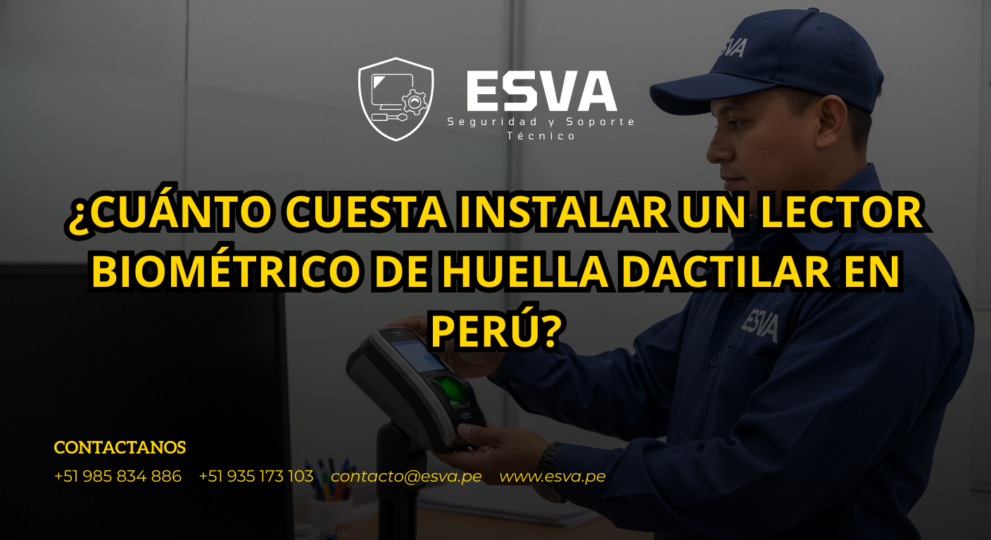 Técnico de ESVA instalando un lector biométrico de huella dactilar en una oficina moderna en Piura