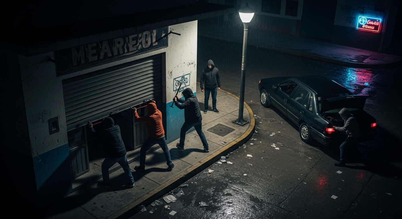 Grupo de delincuentes intentando forzar la entrada de un negocio en Piura durante la noche.