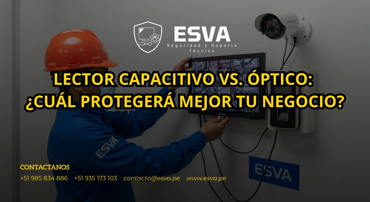 Técnico de ESVA instalando un sistema integrado de lector biométrico y cámaras de seguridad en una empresa en Piura.