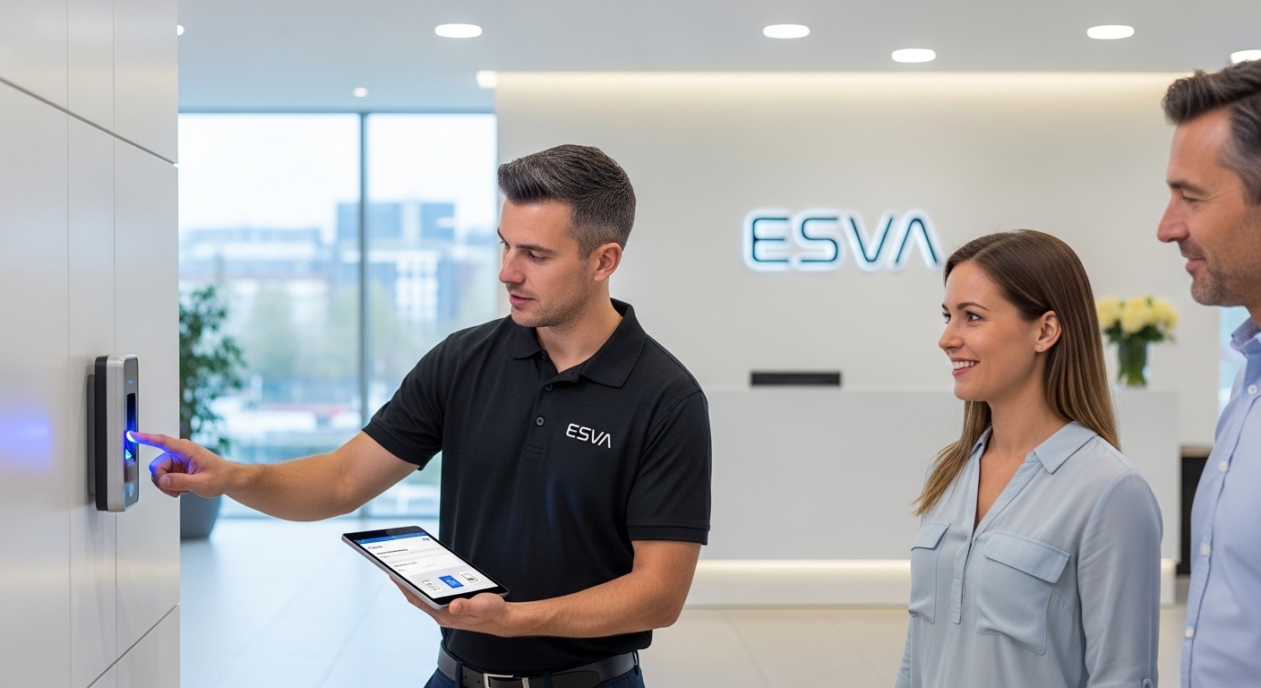 Técnico de ESVA en Piura demostrando el uso de un lector biométrico Técnico de ESVA guiando a un empleado en el proceso de registro de huella en un lector Anviz.