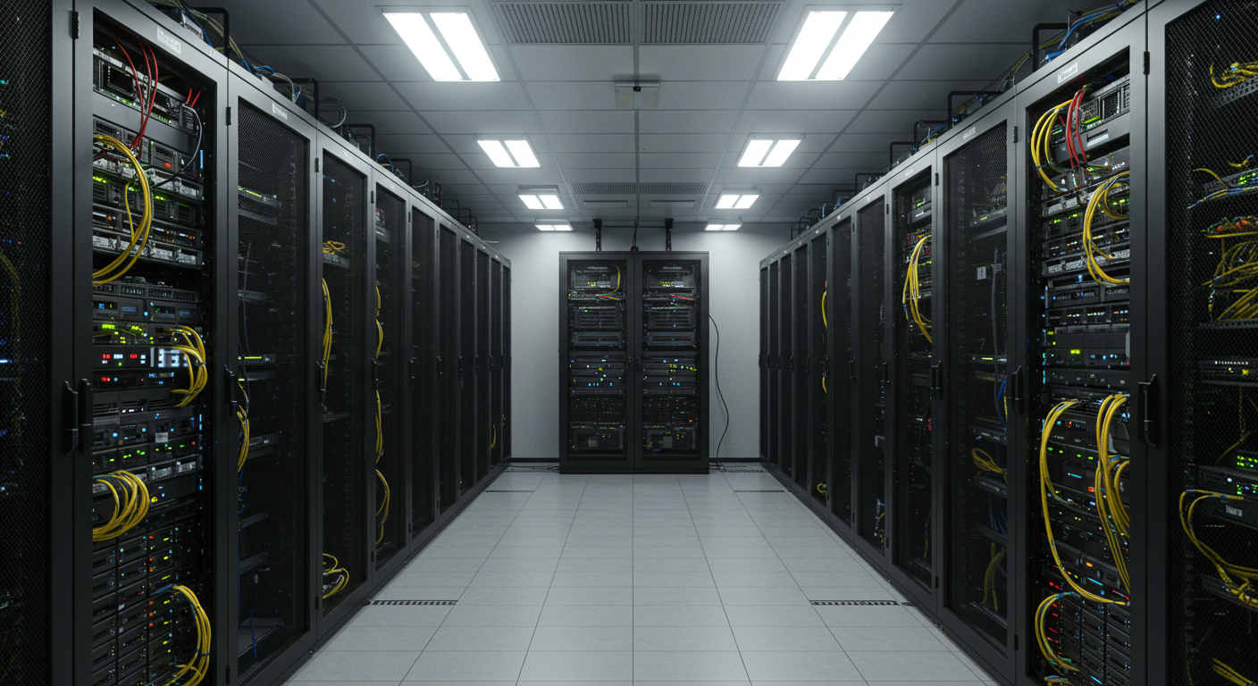 sala de servidores limpia y organizada, con racks de servidores y cables bien gestionados