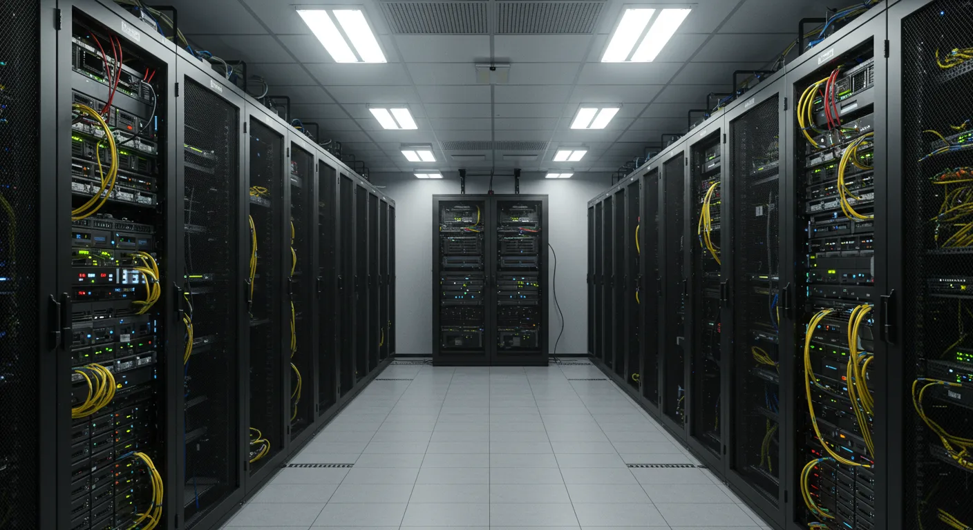 sala de servidores limpia y organizada, con racks de servidores y cables bien gestionados