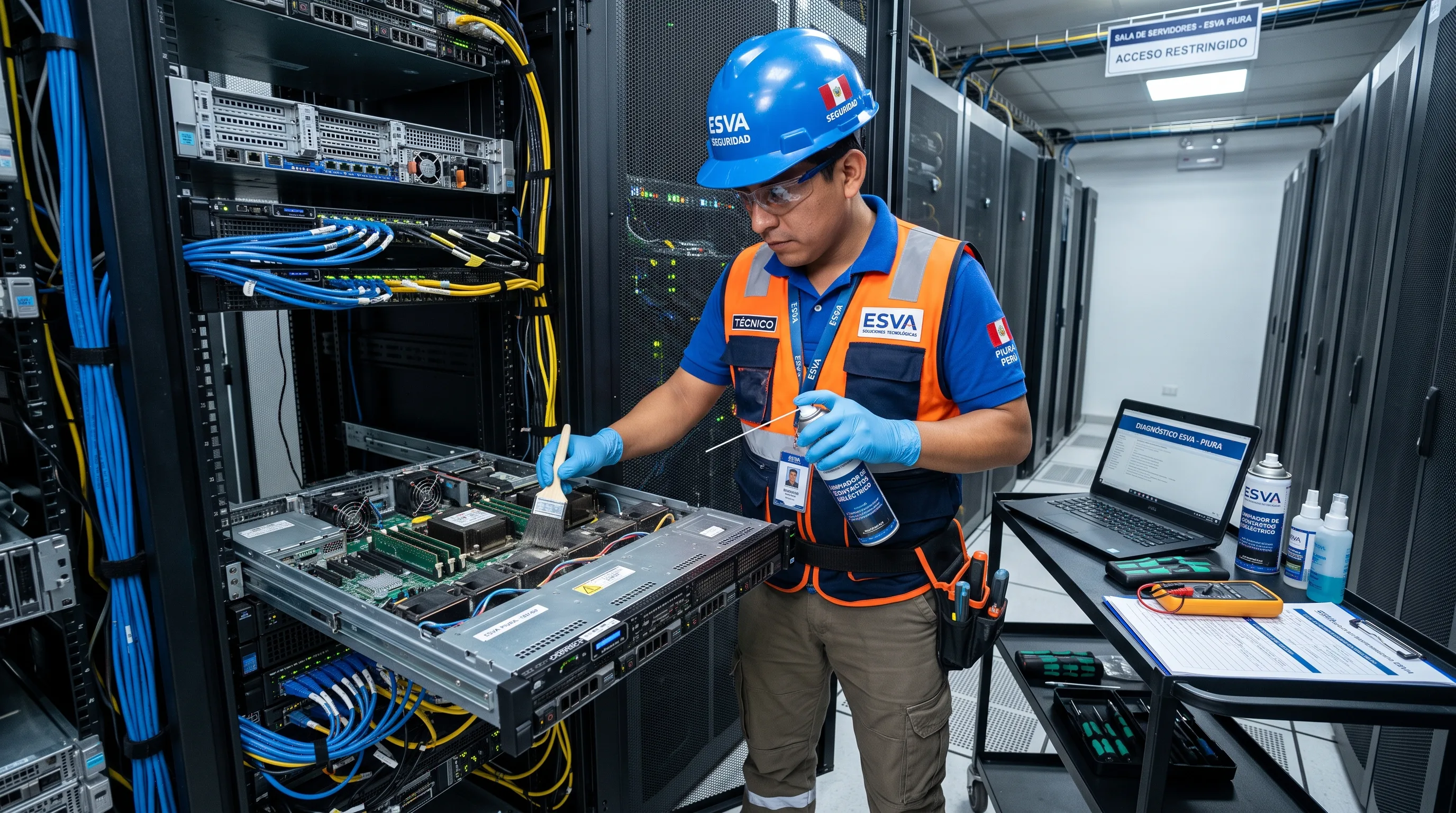 ingeniero de ESVA aplicando spray limpiador dieléctrico sobre la placa de un servidor IBM/HP desmontado en un banco de trabajo