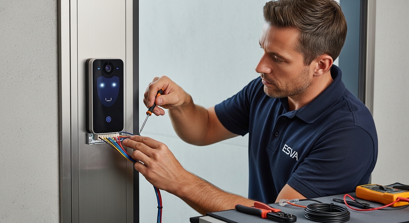 Técnico de ESVA mostrando diferentes modelos de lectores biométricos a un cliente en Piura