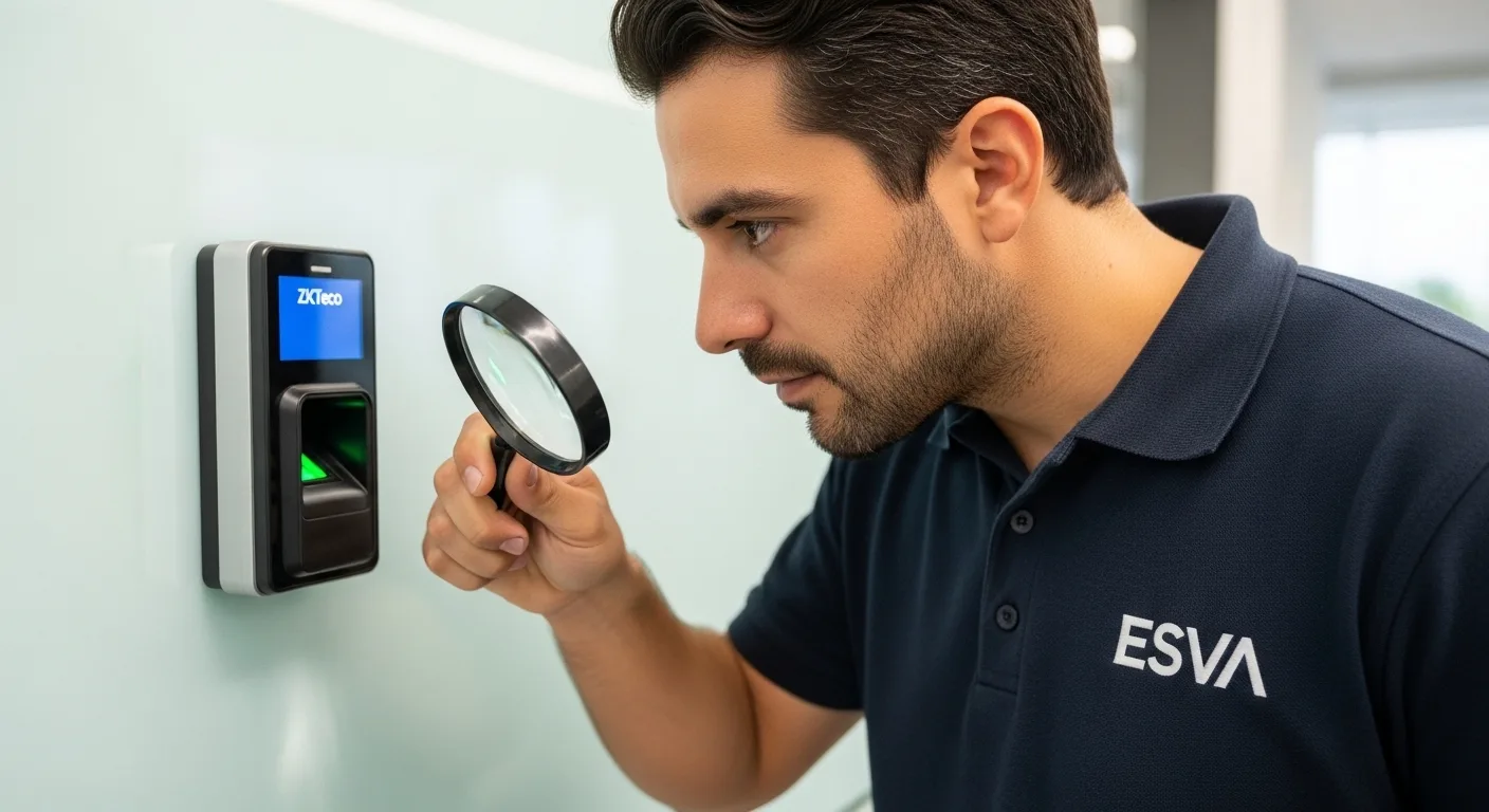 Prompt para imagen: Un técnico de ESVA con un polo de la empresa, usando una lupa para examinar de cerca el sensor de un lector de huella dactilar ZKTeco montado en una pared de oficina moderna. El estilo debe ser realista y profesional, con una iluminación enfocada en el dispositivo.