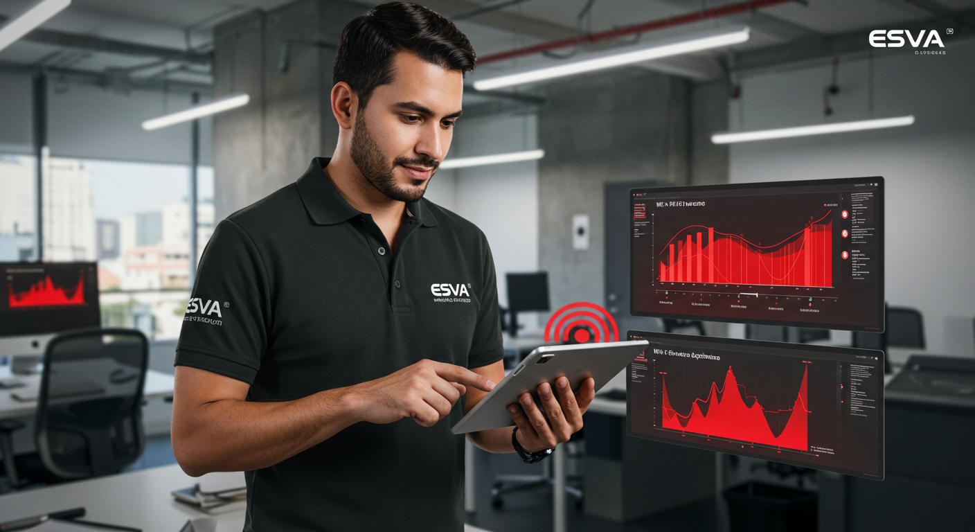 Técnico de ESVA con un polo de la empresa, utilizando una tablet para analizar y optimizar las ondas Wi-Fi en una oficina en Piura