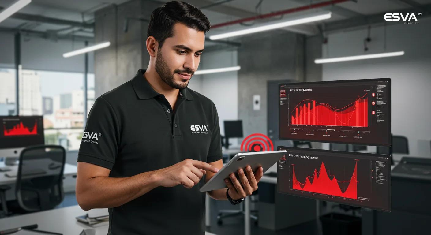 Técnico de ESVA con un polo de la empresa, utilizando una tablet para analizar y optimizar las ondas Wi-Fi en una oficina en Piura