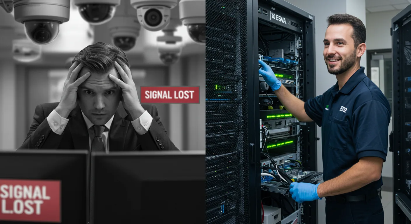 Collage comparativo del antes y después de contratar el mantenimiento de cámaras de ESVA.
