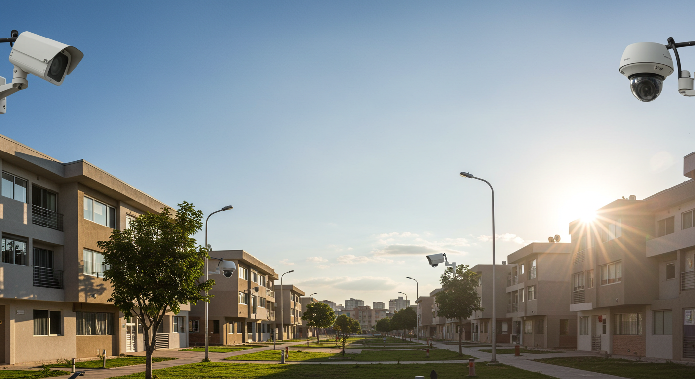 Una tranquila y moderna zona residencial de vecinos en Piura, con cámaras de seguridad discretamente integradas en las fachadas.