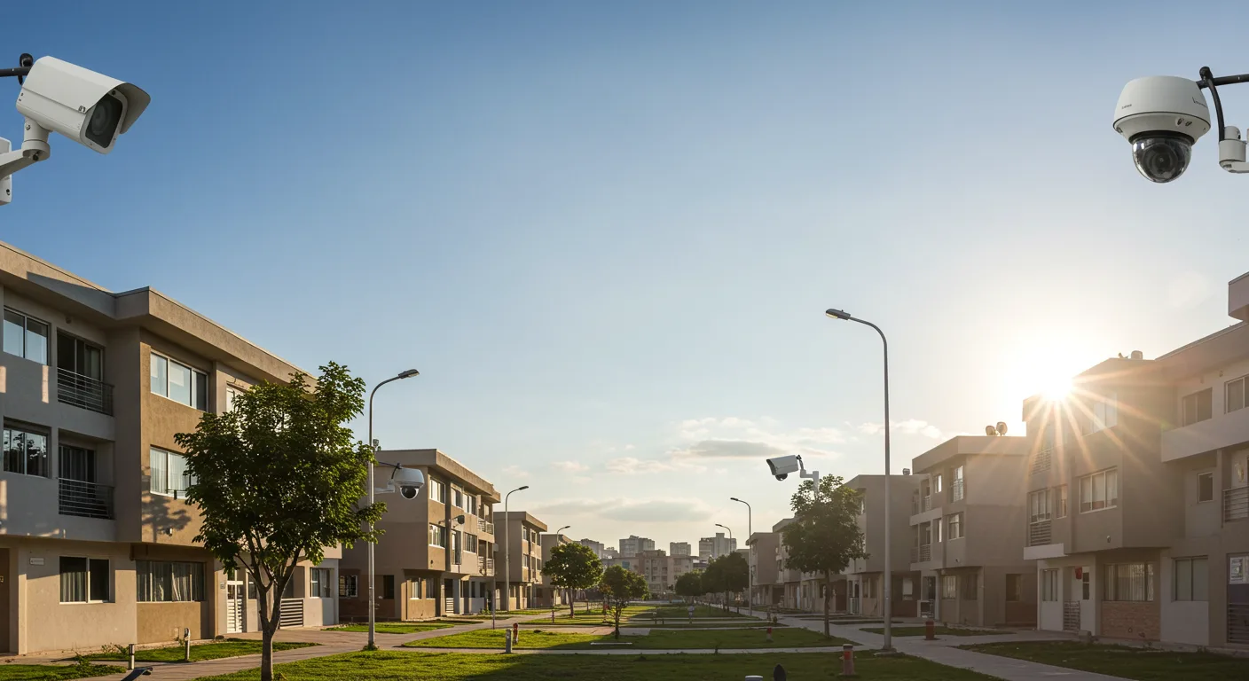 Una tranquila y moderna zona residencial de vecinos en Piura, con cámaras de seguridad discretamente integradas en las fachadas.