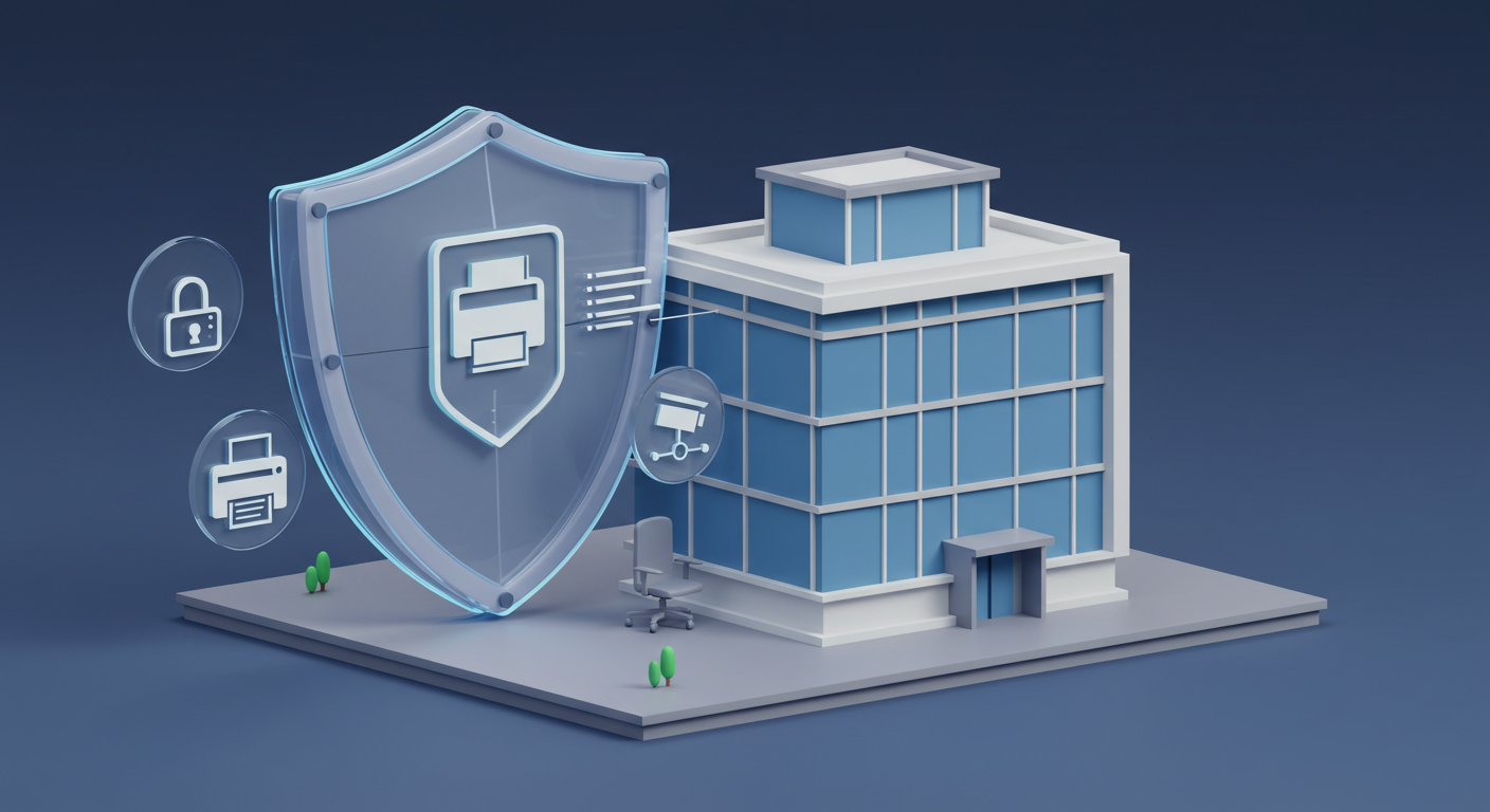 Escudo digital protegiendo edificio de oficinas con íconos de impresora, red y cámara de seguridad