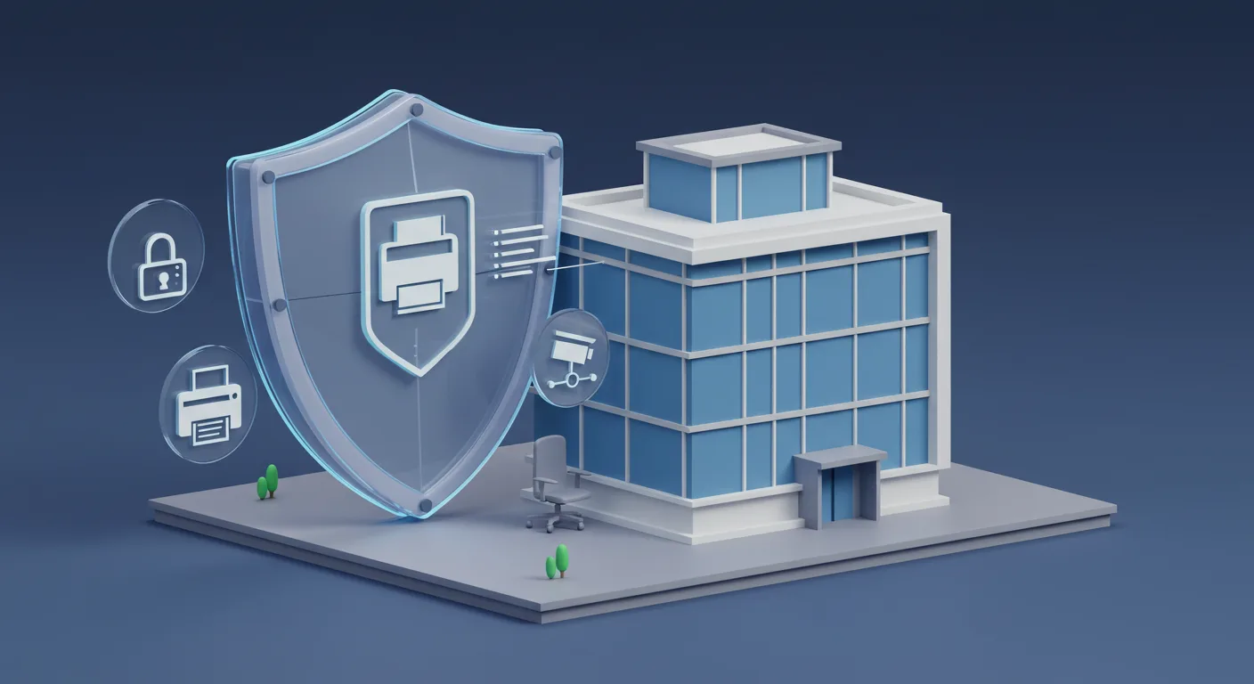 Escudo digital protegiendo edificio de oficinas con íconos de impresora, red y cámara de seguridad