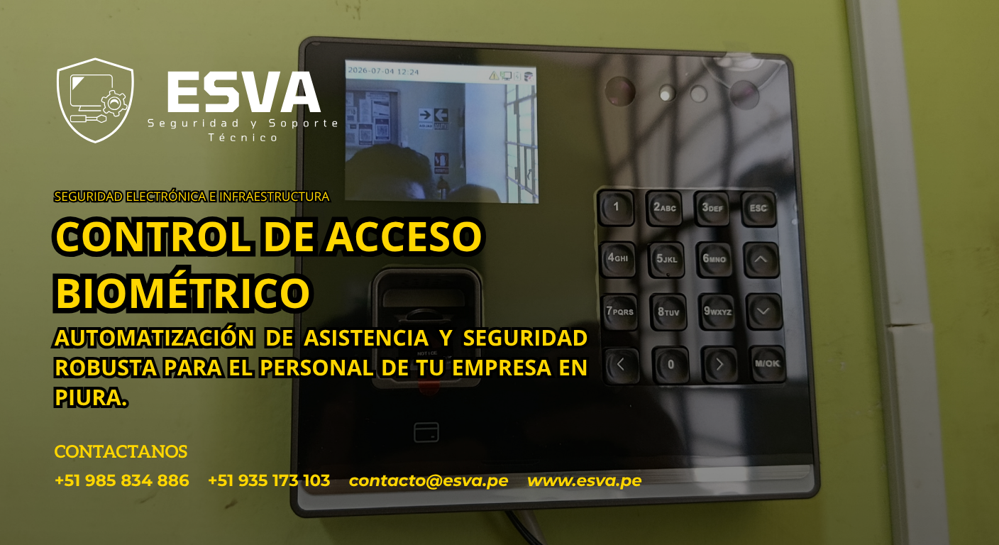 Técnico de ESVA configurando un terminal biométrico de control de acceso en una pared corporativa