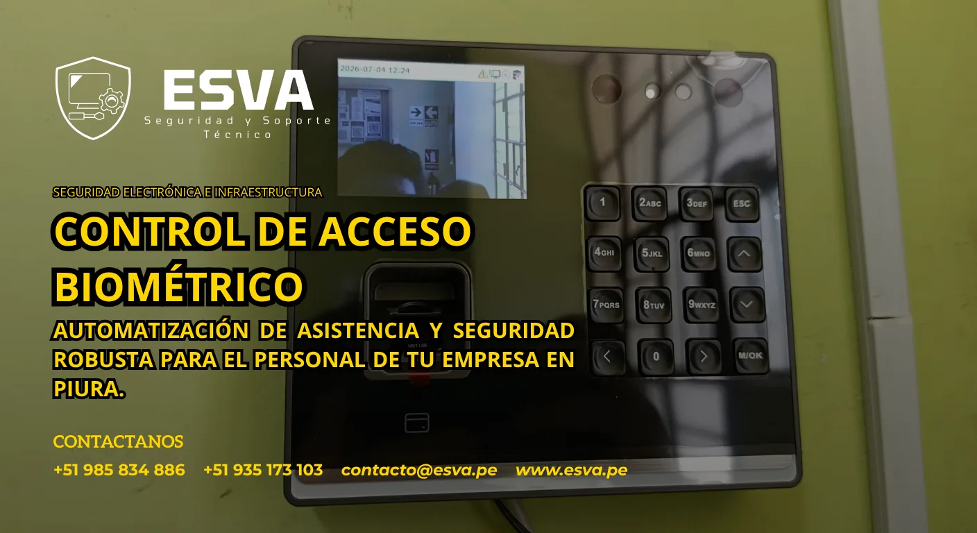 Técnico de ESVA configurando un terminal biométrico de control de acceso en una pared corporativa