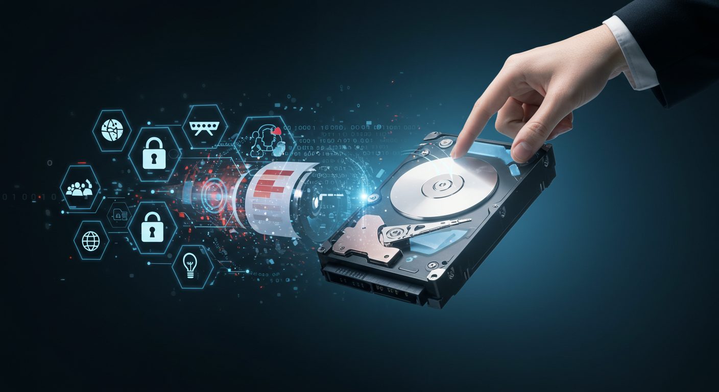 Un ordenador siendo formateado, con iconos de datos y seguridad digital.