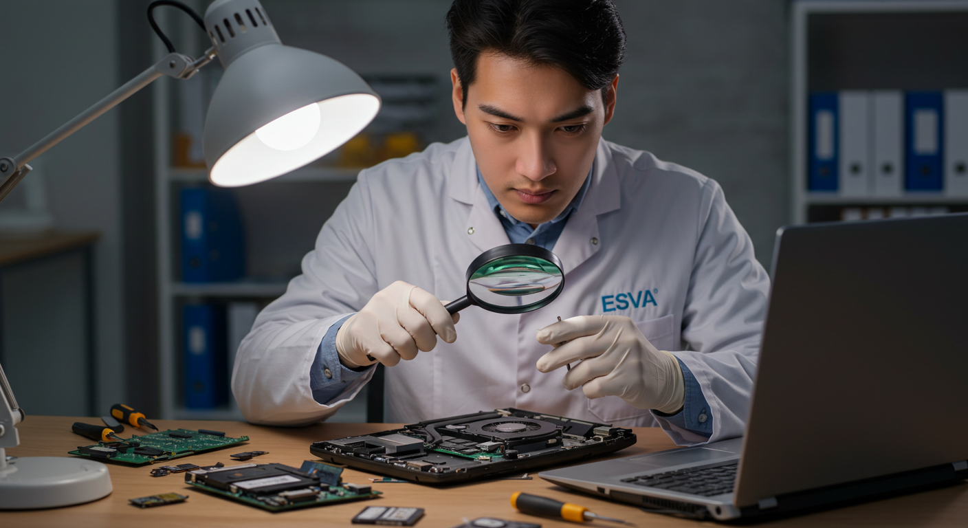 Técnico de la empresa ESVA examinando una laptop para encontrar la causa de la lentitud
