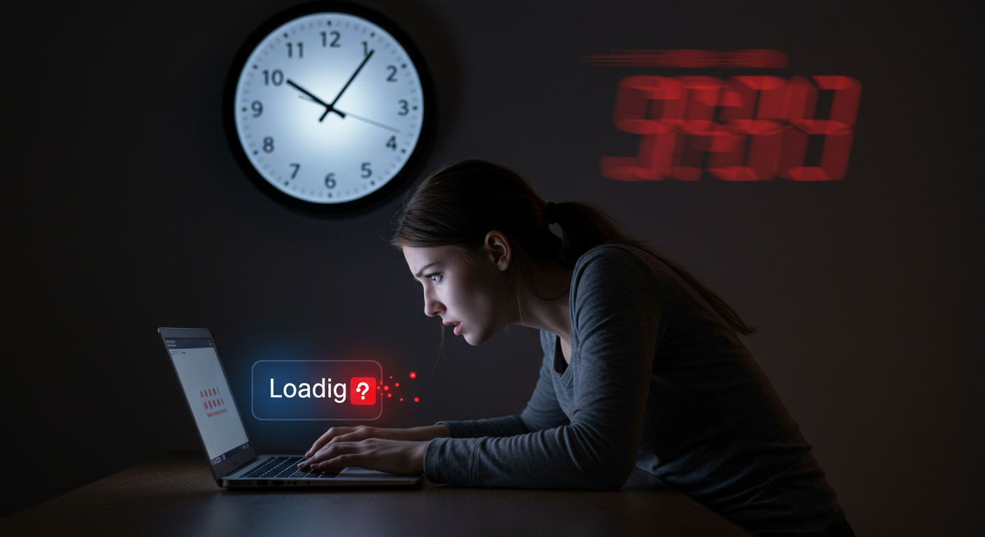 Persona desesperada frente a una laptop lenta