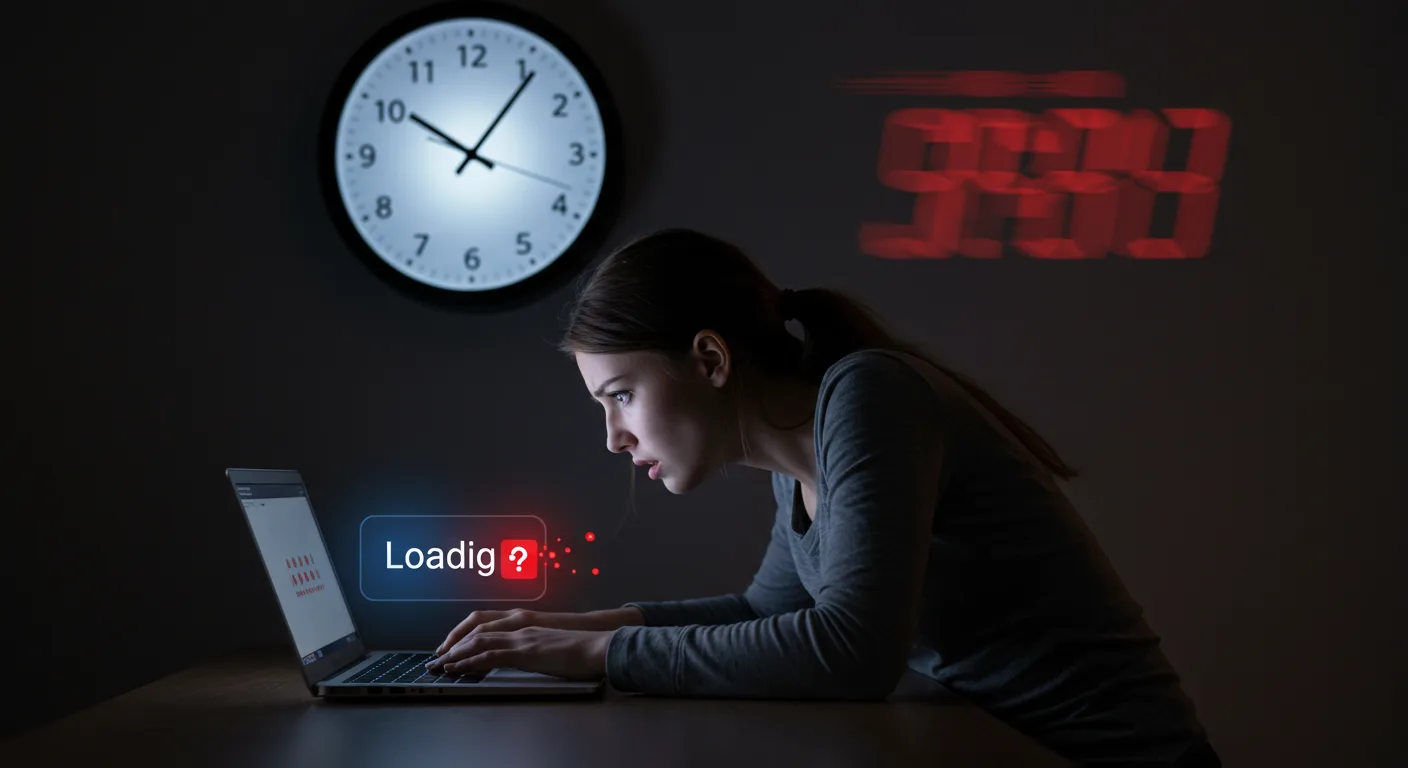 Empresario frustrado mirando una laptop con un gráfico de velocidad de internet descendiendo.