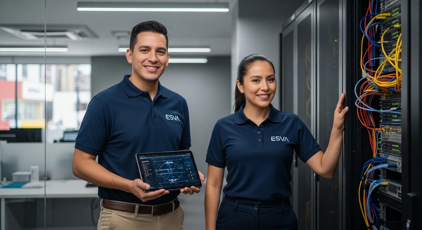 Prompt para imagen: Dos técnicos de ESVA, hombre y mujer, sonriendo y vistiendo el uniforme de la empresa. Están de pie frente a un rack de servidores en una oficina de un cliente en Piura. El ambiente es profesional y tecnológico, transmitiendo confianza y experiencia.