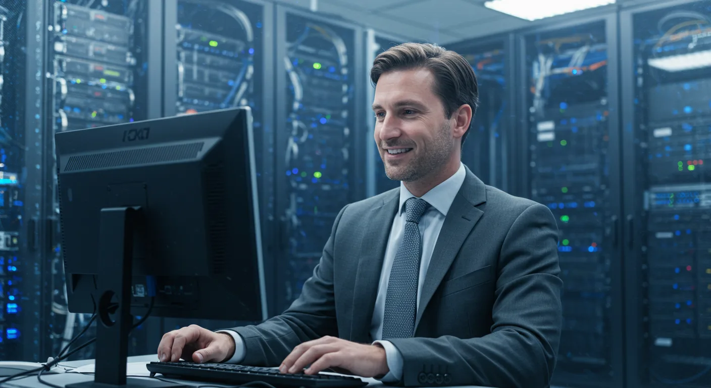 Empresario sonriendo con sus equipos funcionando gracias a ESVA