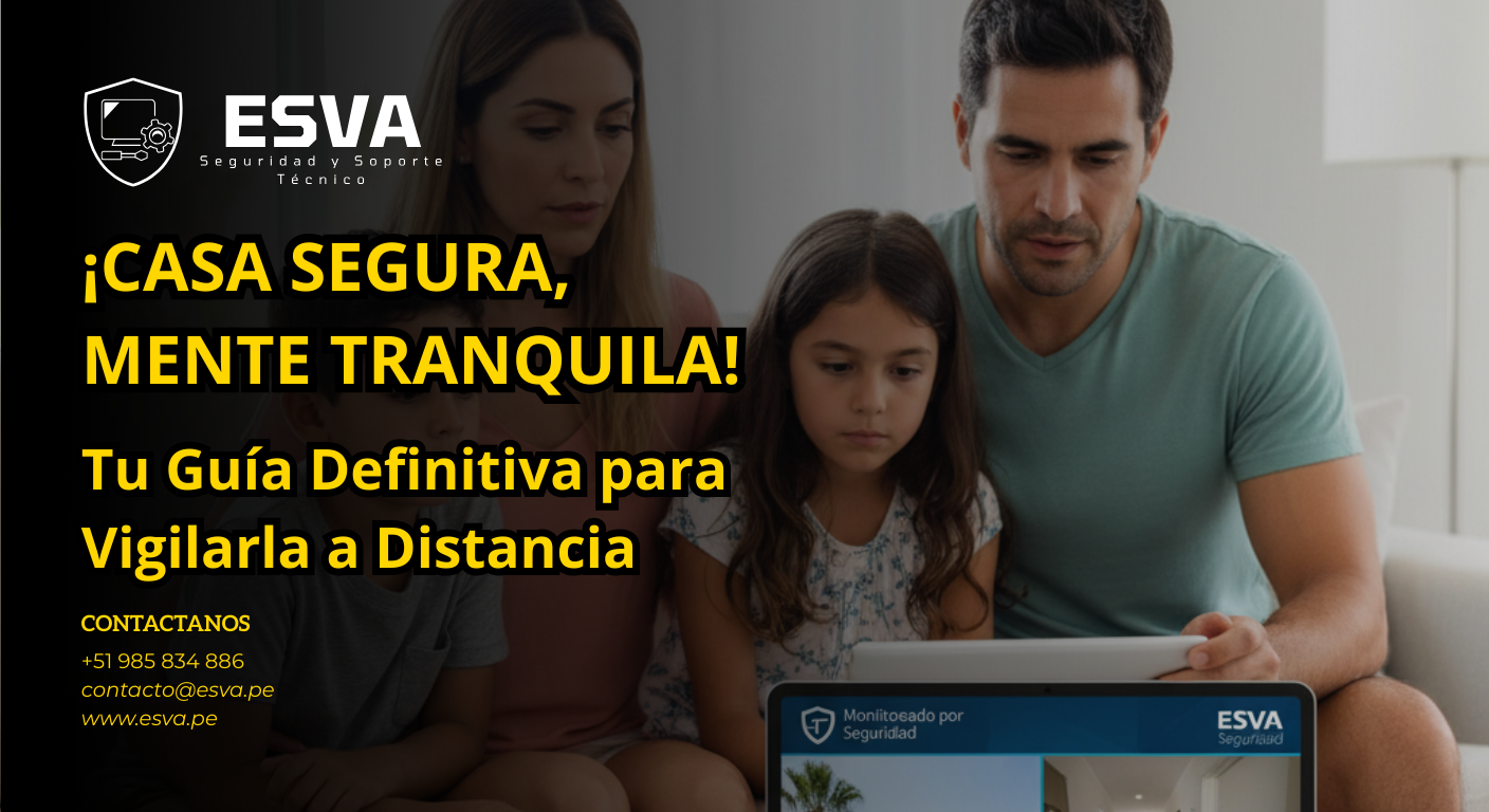 Familia viendo en una tablet las cámaras de seguridad de su casa de vacaciones.