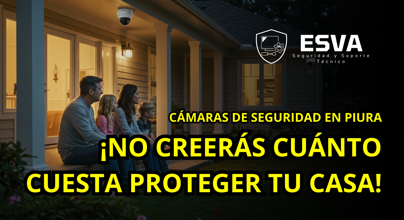 Una familia observando su casa protegida por cámaras de seguridad, con un aura de tranquilidad y protección.