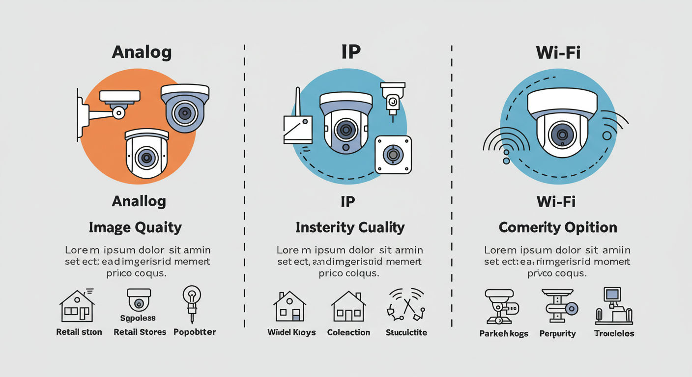 Infografía comparativa de diferentes tipos de cámaras de seguridad (análogas, IP, Wi-Fi) mostrando sus características principales y usos.
