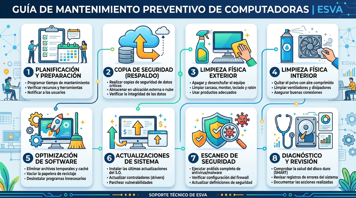 Pasos del mantenimiento preventivo en ESVA Infografía de los pasos del mantenimiento preventivo informático en ESVA