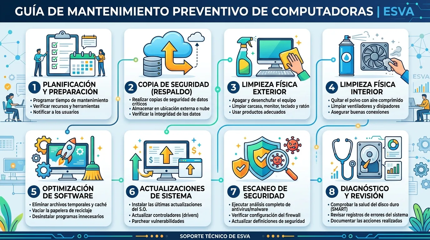 Infografía de los pasos del mantenimiento preventivo informático en ESVA