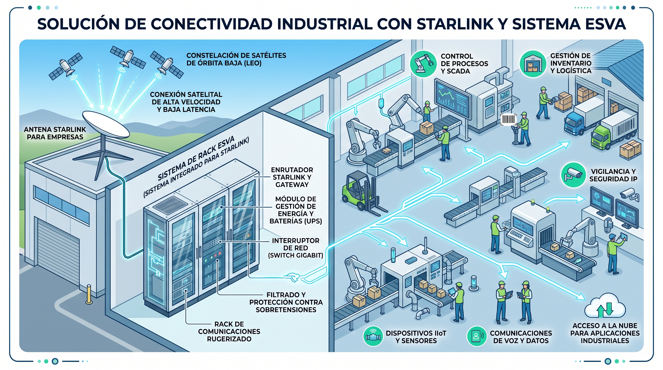 Infografía que muestra el esquema de una antena Starlink conectada a un rack corporativo de ESVA distribuyendo señal a una planta Infografía que muestra el esquema de una antena Starlink conectada a un rack corporativo de ESVA distribuyendo señal a una planta