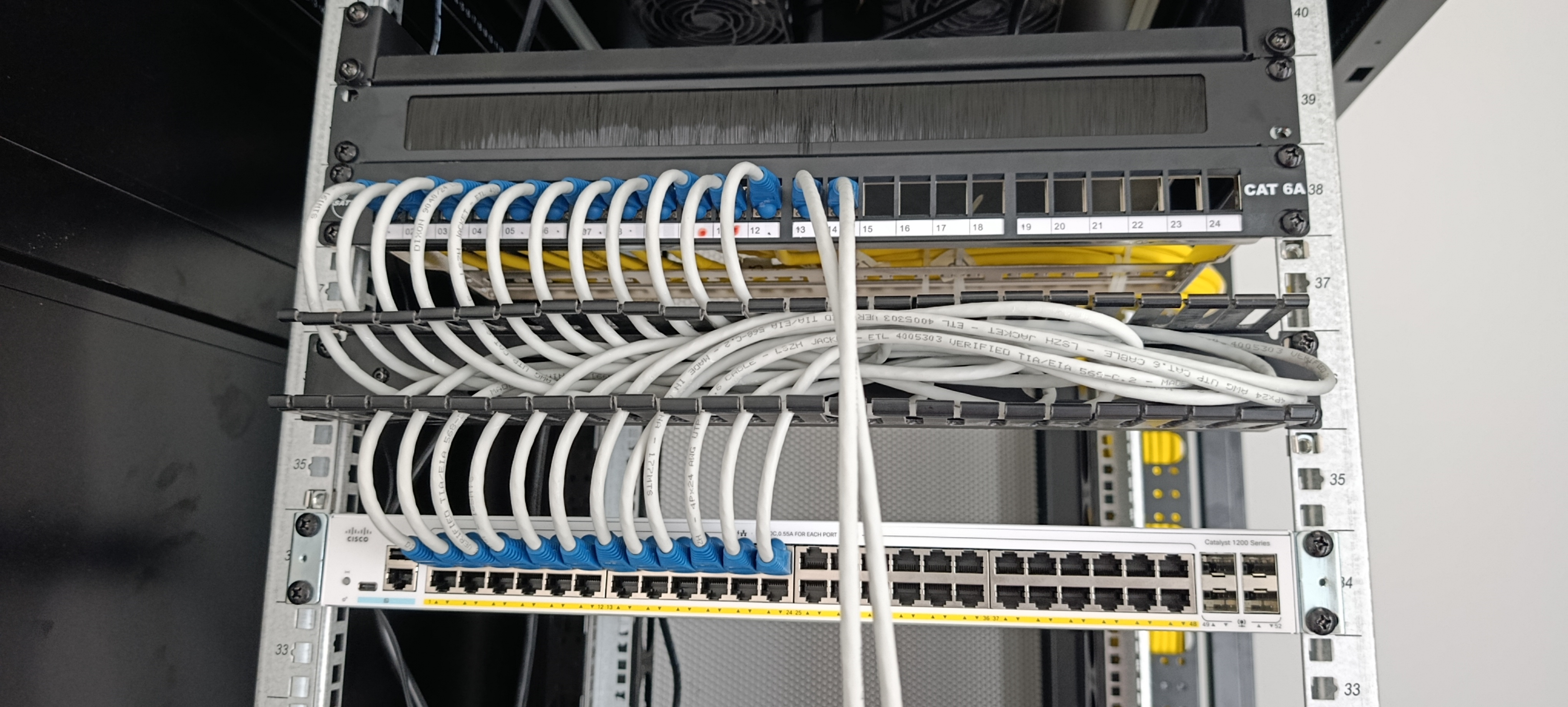 switch administrable Cisco en un rack con patch panels Cat6A perfectamente peinados con cables amarillos/azules