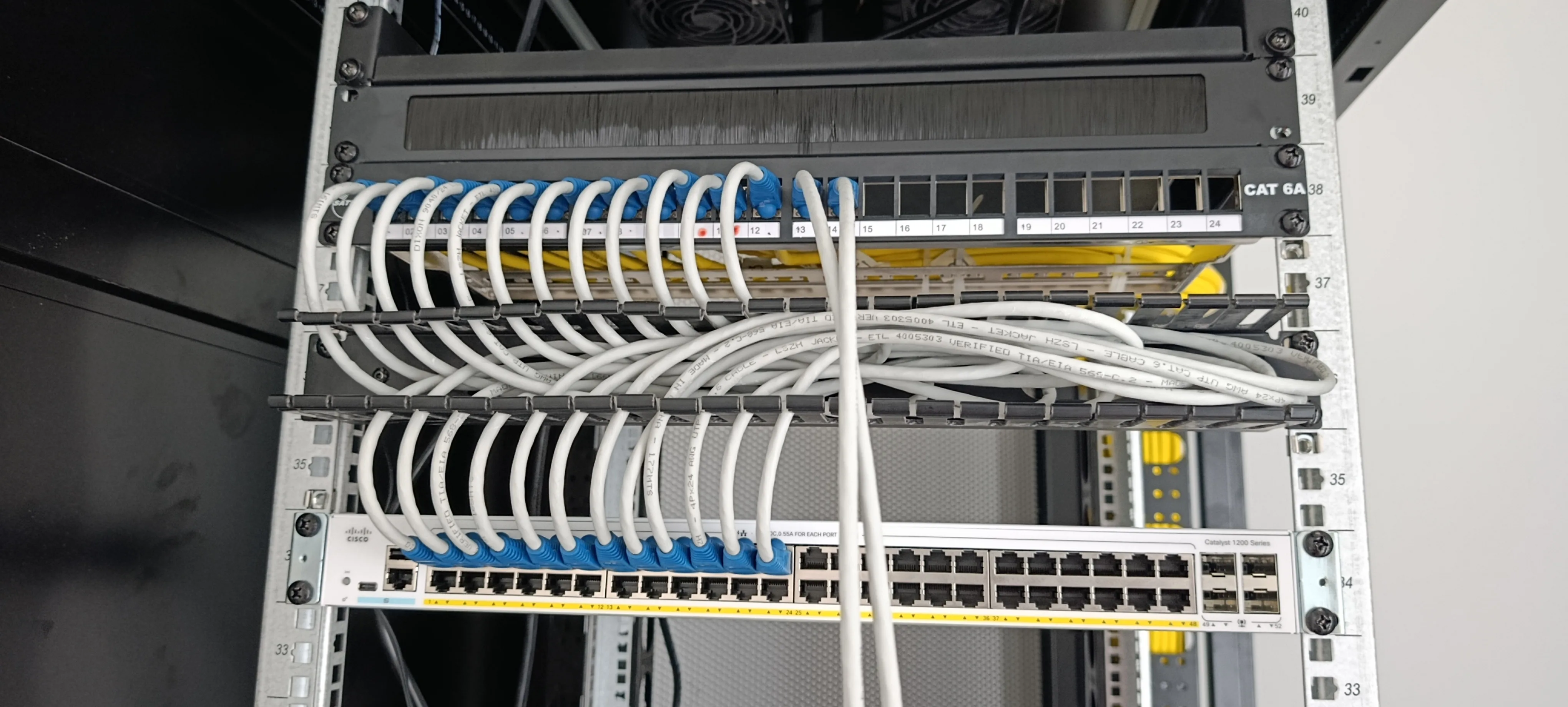 switch administrable Cisco en un rack con patch panels Cat6A perfectamente peinados con cables amarillos/azules
