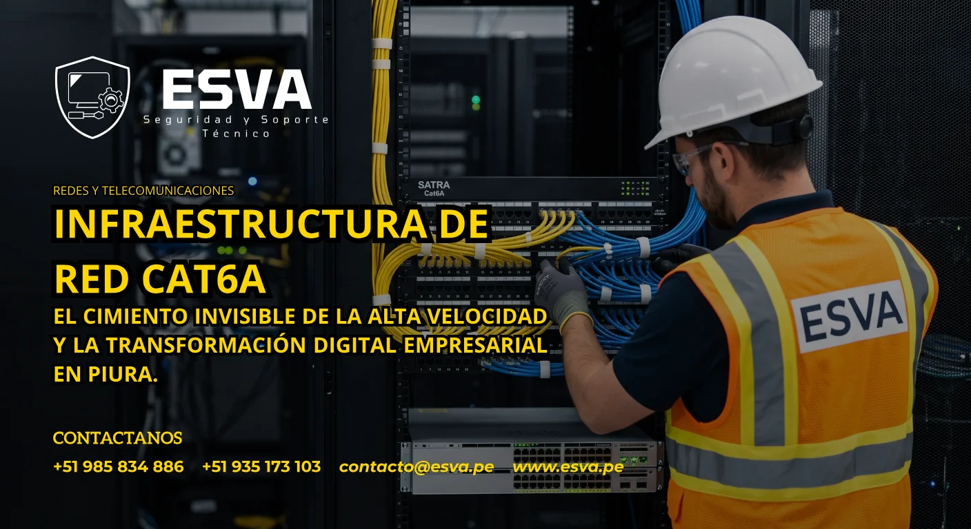 Técnico de ESVA realizando el peinado y conectorización de un patch panel Cat6A en un rack industrial
