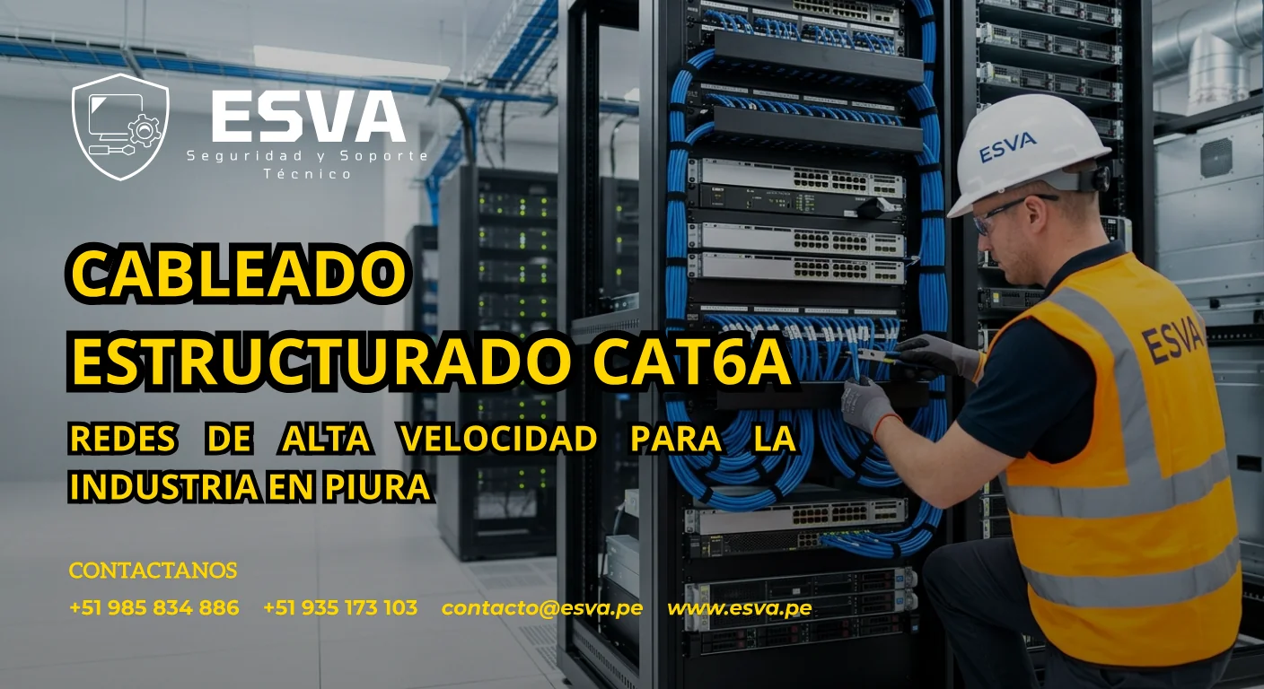 Técnico de ESVA realizando el peinado y conectorización de un rack de comunicaciones Cat6A