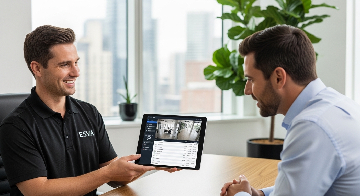 Técnico de ESVA explicando un panel de control integrado de cámaras y control de acceso a un cliente satisfecho.