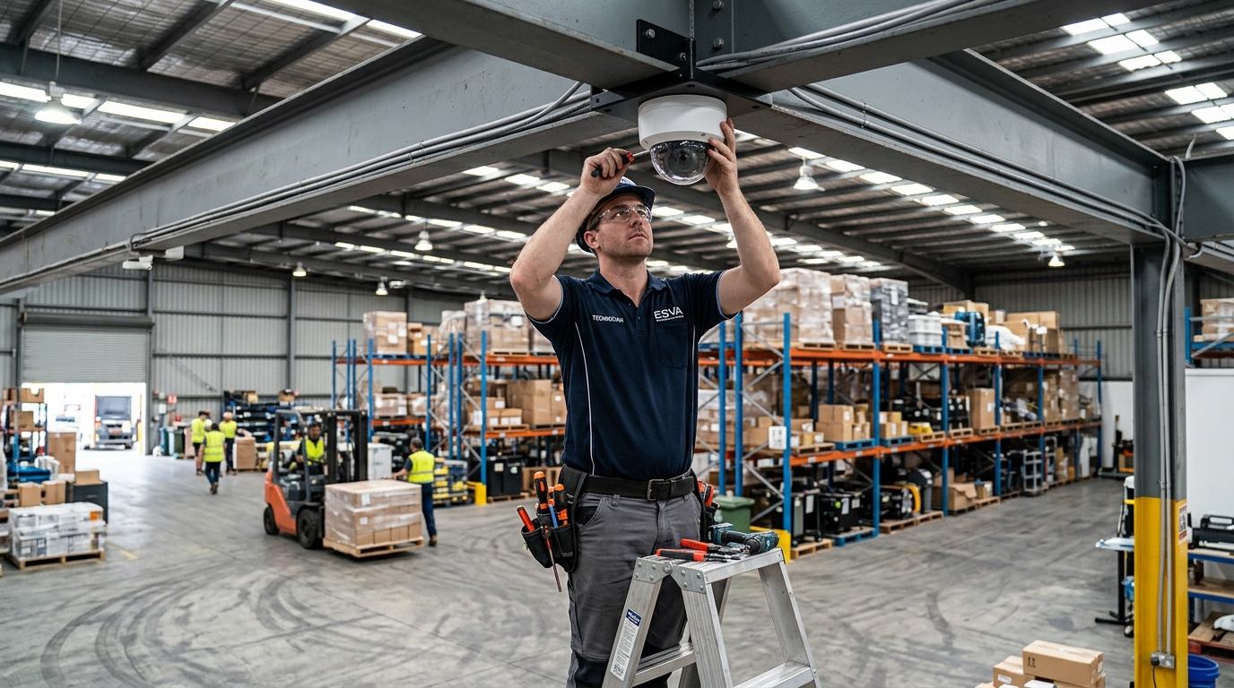 Instalación profesional de cámaras de seguridad por ESVA Técnico de ESVA instalando cámara de seguridad tipo domo en almacén industrial