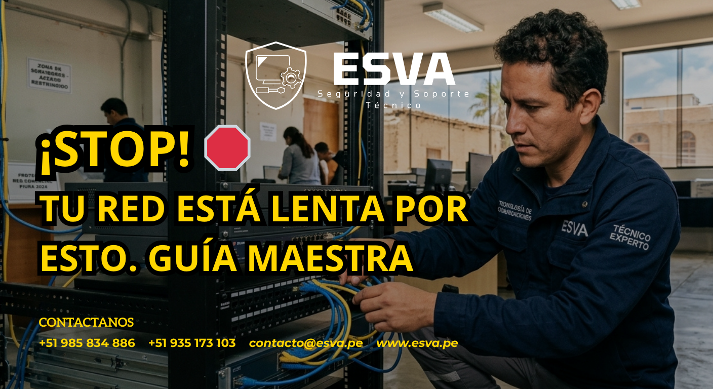 Técnico experto instalando racks de comunicaciones en un local comercial de Piura