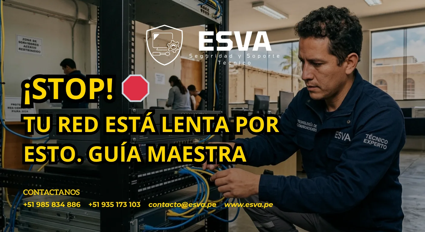 Técnico experto instalando racks de comunicaciones en un local comercial de Piura