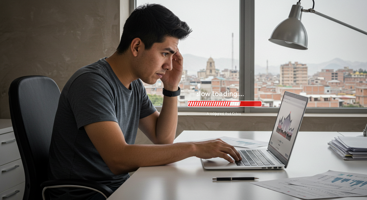Una persona frustrada mirando una laptop con una barra de carga lenta en la pantalla, simbolizando problemas de rendimiento.