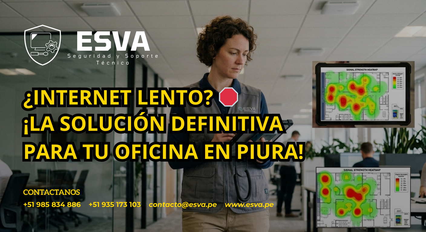 Empresario frustrado por internet lento en oficina de Piura con logo de ESVA al fondo