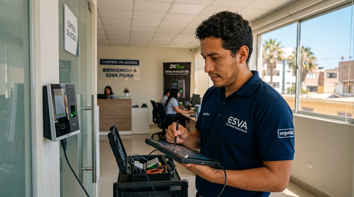 Soporte para sistemas de asistencia ZKTeco Técnico configurando lector biométrico ZKTeco en oficina