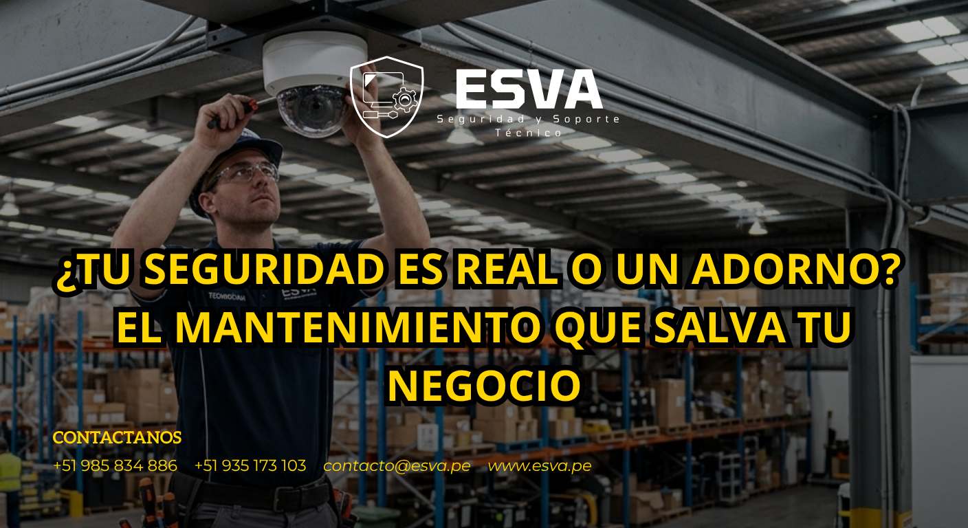 Técnico experto de ESVA revisando una cámara de seguridad domo en un negocio local.