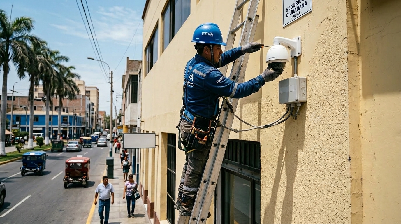 Técnico de ESVA ajustando cámaras de seguridad IP en Piura