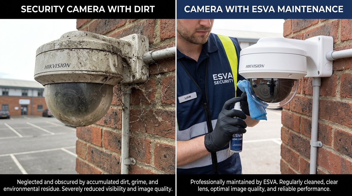 Comparativa de mantenimiento de cámaras ESVA Cámara de seguridad con suciedad vs cámara con mantenimiento de ESVA