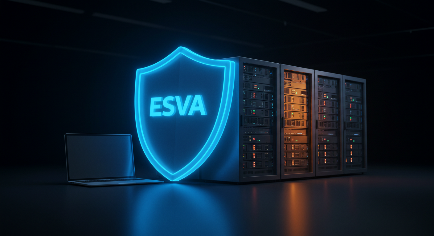 Escudo digital con el logo de ESVA protegiendo una laptop y servidores, simbolizando mantenimiento preventivo