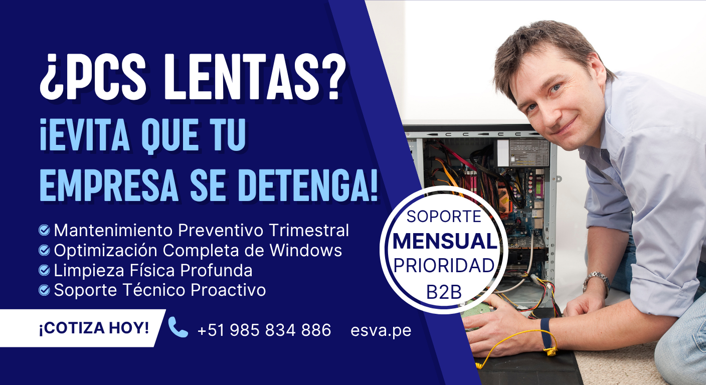 Técnico de ESVA realizando mantenimiento preventivo a servidor empresarial en Piura.