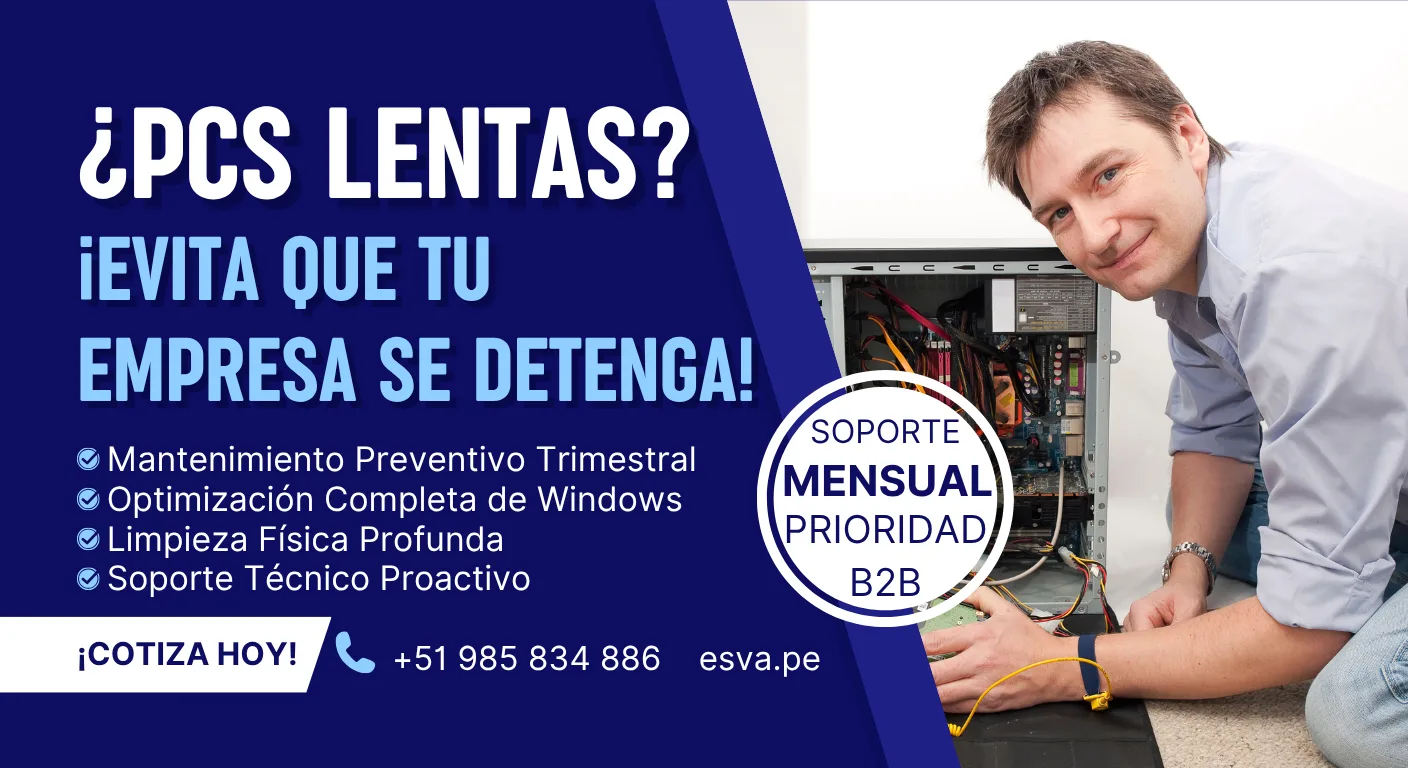 Técnico de ESVA realizando mantenimiento preventivo a servidor empresarial en Piura.