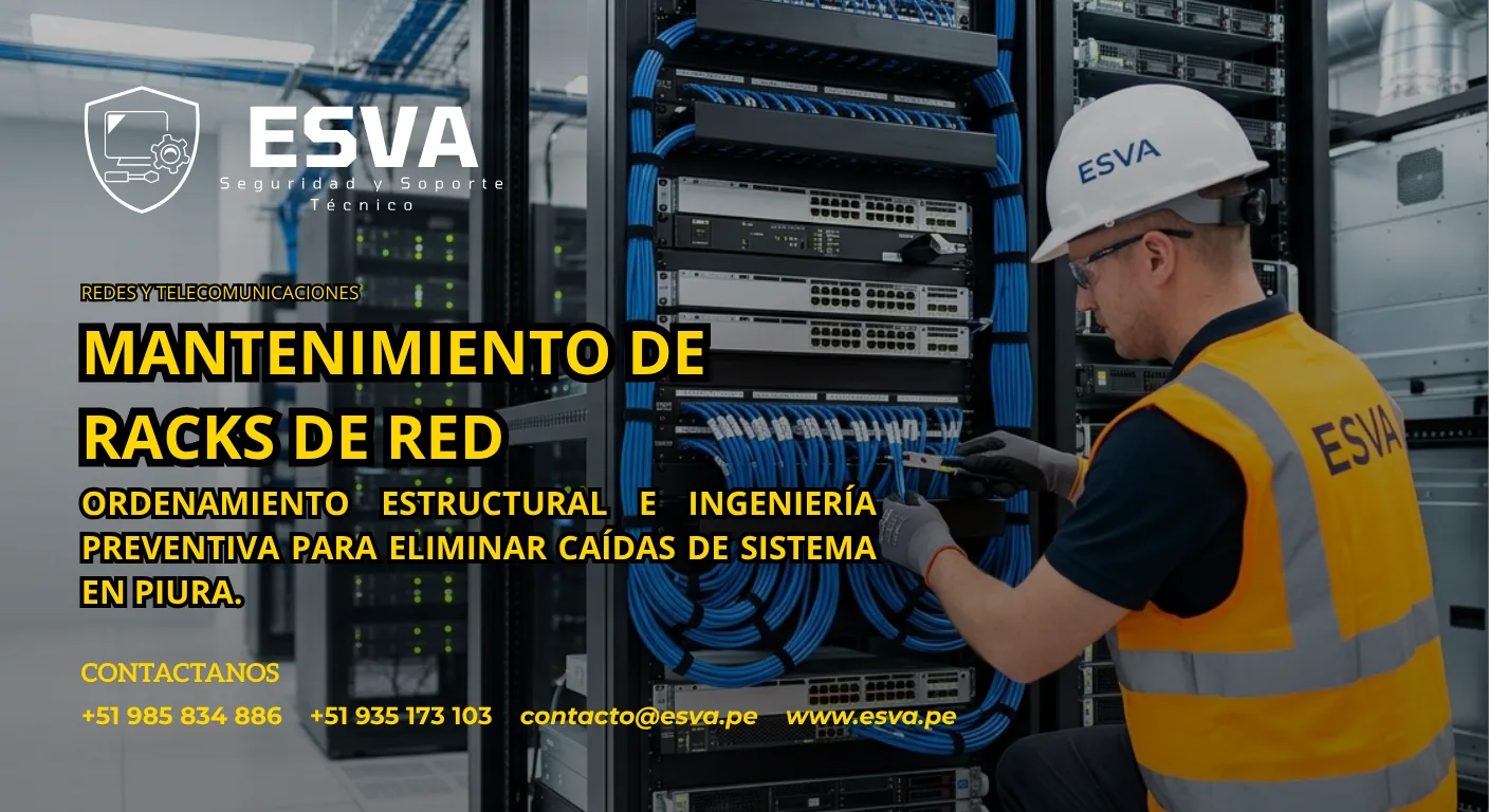 Técnico de ESVA realizando el ordenamiento, peinado y mantenimiento preventivo de un rack de comunicaciones