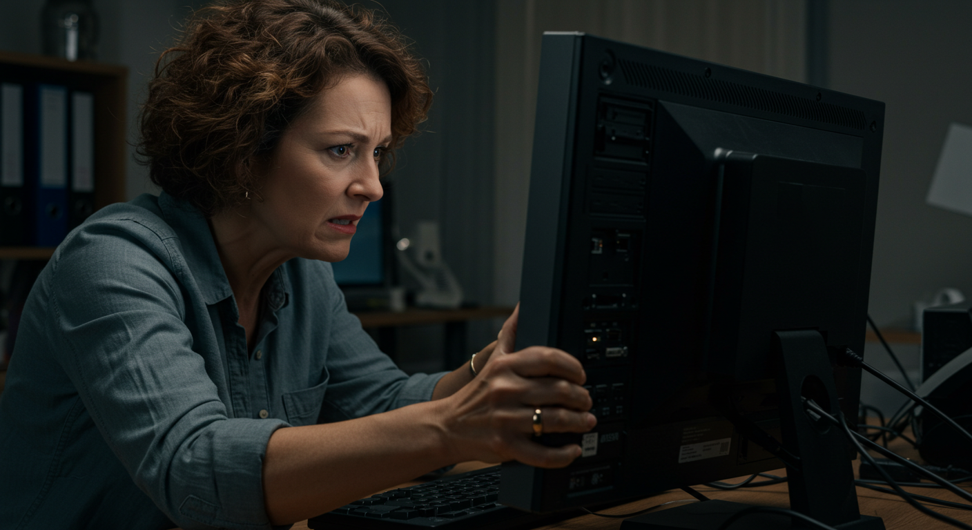 Persona frustrada mirando una computadora que no enciende con una pantalla negra.